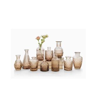 10 Pc Amber Glass Bud Vases for Flowers, NEW, Brown